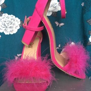 Hot pink fuzzy chunky heels Brash